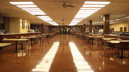 This image portrays an empty dining hall with polished floors, bright ceiling lights, and neatly arranged tables and chairs, perfect for community gatherings and events.の素材