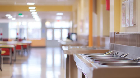 A modern cafeteria setup featuring a spacious interior with clean countertops, bright lighting, and inviting seating areas for dining and social interaction.の素材