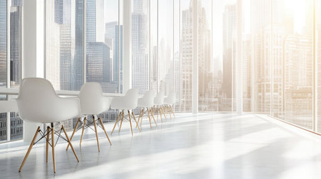 Spacious office area showcasing modern design elements with stunning views of the city skyline through expansive glass windows and abundant sunlight.の素材