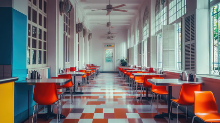 Explore the inviting interior of a colorful cafの素材