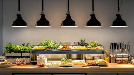 A visually appealing buffet setup featuring fresh vegetables and colorful dishes, illuminated by stylish lighting, ideal for modern dining experiences in restaurants.の素材