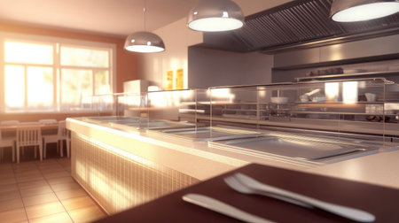 A beautifully designed kitchen interior featuring natural lighting, a clean serving area, and sleek appliances that create an inviting and modern culinary space.の素材