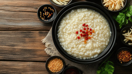 A delicious bowl of creamy rice congee topped with vibrant ingredients and spices, showcasing an inviting and rustic setting perfect for meal inspiration.の素材