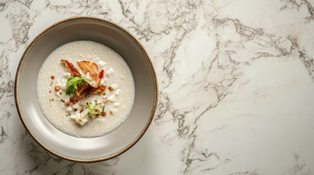 This elegant bowl of creamy soup showcases crispy garnish and fresh ingredients on a marble tabletop, perfect for highlighting gourmet dining and culinary artistry.の素材