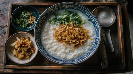 A vibrant bowl of traditional rice porridge topped with crispy fried shallots and fresh herbs, served in a wooden tray, ideal for showcasing comforting food and cultural cuisine.の素材