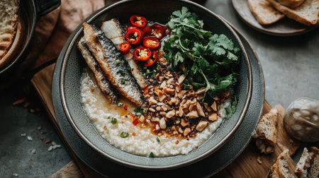 A beautiful bowl featuring creamy porridge topped with grilled fish, fresh herbs, fiery chilies, and crushed peanuts, perfect for a hearty meal any time of the day.の素材