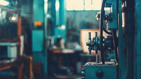 Captivating image of industrial machinery in a workshop emphasizes intricate details and tools, highlighting the precision and craftsmanship essential in a manufacturing environment.の素材