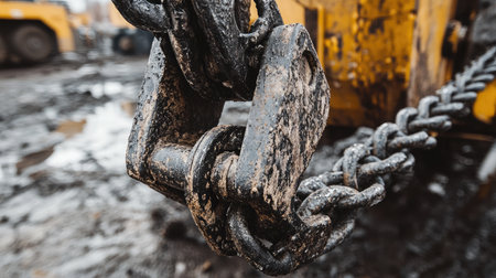 This image features a close-up view of heavy-duty chain links and hook, showcasing their robust and weathered appearance amidst a muddy construction site, emphasizing industrial strength.の素材