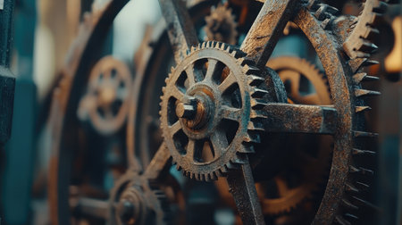 Explore the fascinating details of vintage gears and cogs, showcasing the beauty of mechanical engineering and the artistry behind industrial machinery in this captivating image.の素材