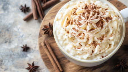 A rich and creamy hot beverage with a generous whipped topping and a sprinkle of spices, ideal for cozy moments and gatherings during the winter season.の素材