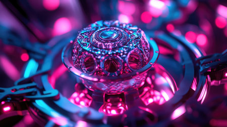 This close-up image features a stunning glass orb surrounded by vibrant neon lights, reflecting intricate patterns and textures in a captivating display of color and light.の素材