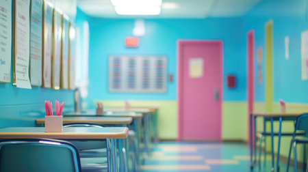 A vibrant classroom corridor featuring colorful walls, clean desks, and a distinctive pink door, creating an inviting and cheerful educational environment for students.の素材