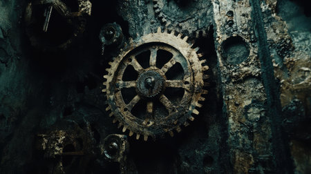 A captivating close-up of rusty gears and cogs set against an industrial background, illustrating the profound beauty of machinery and the passage of time through weathered elements.の素材