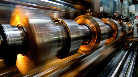 Experience the dynamic motion of industrial machinery in action, capturing the speed and precision of circular components in a high-tech manufacturing environment.の素材
