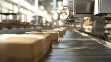 A modern automated conveyor system efficiently moves cartons through a well-lit warehouse, showcasing advanced technology and streamlined logistics processes in action.の素材