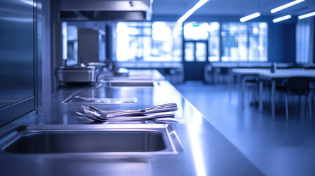 A bright, modern kitchen showcasing stainless steel surfaces, utensils, and an open space ideal for culinary activities, emphasizing cleanliness and efficiency in design.の素材