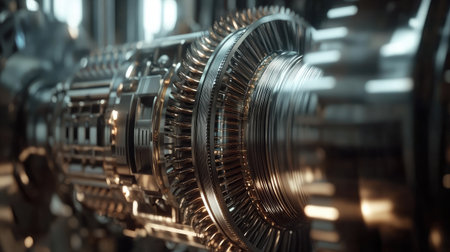 A detailed close-up of intricate gears and mechanical components in a modern machine, highlighting the precision and artistry of contemporary engineering and manufacturing processes.の素材