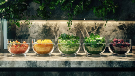 A stunning arrangement of vibrant fruits and vegetables displayed in clear bowls on a sleek marble countertop, surrounded by lush greenery, promoting healthy eating and culinary creativity.の素材