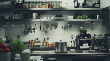 A well-organized modern industrial kitchen featuring stainless steel surfaces, neatly arranged utensils, and various ingredients, ideal for culinary creativity and efficiency.の素材