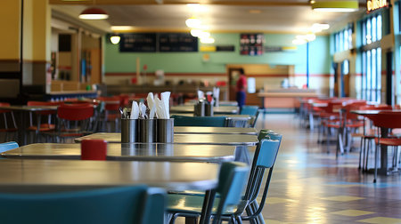 A spacious and brightly lit cafeteria featuring empty tables and colorful chairs, creating an inviting environment for casual dining and social interactions. Perfect for meal settings.の素材