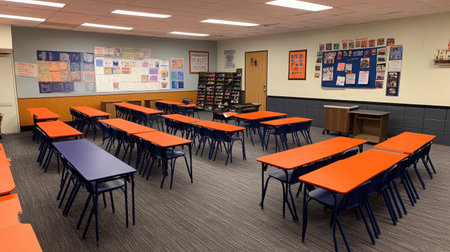 A vibrant classroom featuring an organized layout with orange and blue desks ready for an engaging learning experience. The spacious design promotes interaction and creativity among students.の素材