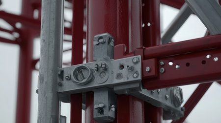 This image features a detailed close-up of metal connectors and frameworks, highlighting engineering precision and structural integrity in industrial design and construction environments.の素材