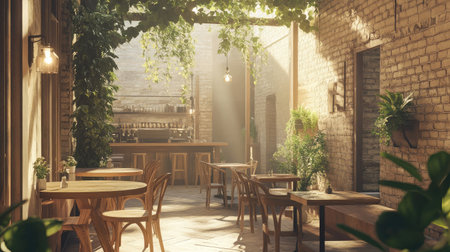 A serene cafe interior showcasing rustic design with wooden furniture and lush greenery, illuminated by soft natural light, ideal for a cozy and inviting atmosphere.の素材