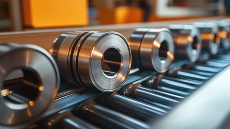 Detailed close-up of precision machined metal components on a production line, showcasing modern industrial design and advanced manufacturing technologies in action.の素材