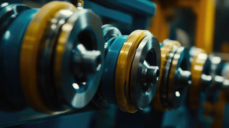 This detailed close-up depicts precision engineering components in a modern manufacturing facility, showcasing the intricate design and advanced technology of industrial machinery.の素材