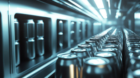 This image depicts a sleek and modern beverage storage system filled with neatly organized aluminum cans, emphasizing cleanliness and advanced industrial design.の素材