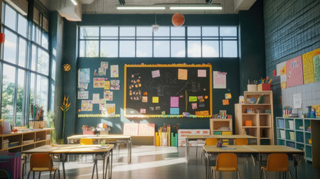 A spacious classroom filled with natural light, adorned with colorful decorations and learning materials. Ideal for promoting creativity and engagement among students.の素材