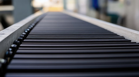 A close-up view of a smooth conveyor belt in an industrial setting, showcasing efficient design for product movement and transportation in a manufacturing process.の素材