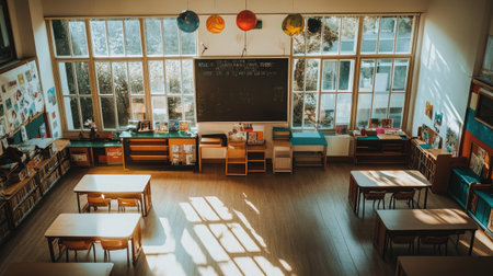 A bright classroom bathed in natural light, featuring wooden desks, a chalkboard, and colorful decorations, perfect for fostering a creative learning experience.の素材