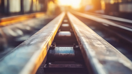 This stunning image captures a close-up view of train tracks leading towards a beautiful sunset, showcasing the interplay of light and metal in an urban landscape.の素材