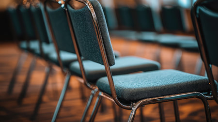 An arrangement of empty chairs in a conference hall, creating an inviting setting for events. This image captures anticipation as participants prepare for an upcoming gathering.の素材