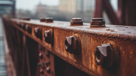 A detailed close-up shot of rusty bolts and nuts on a metal bridge, highlighting weathered textures against a softly blurred urban background. Perfect for industrial themes.の素材