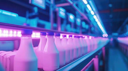 A vibrant scene of fresh milk bottles on a production line, illuminated by colorful neon lights, showcasing modern dairy processing technology and hygiene practices.の素材