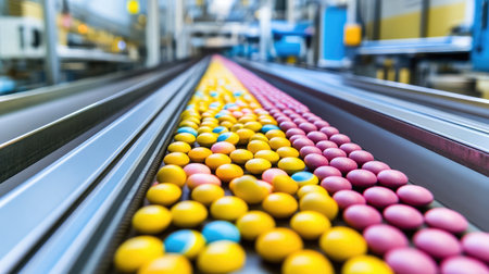 Vibrant candy production line showcasing a mix of yellow, pink, and blue sweets on a conveyor belt, illustrating the efficient and colorful manufacturing process in a modern factory.の素材