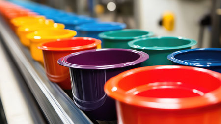 A row of vibrant plastic buckets in bright colors sits on a conveyer belt, showcasing the manufacturing process in a modern factory environment.の素材