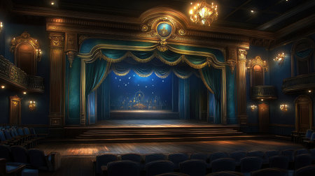 Discover the captivating interior of an elegant theater featuring a grand stage adorned with blue drapery, soft lighting, and intricate architecture, perfect for artistic performances.の素材