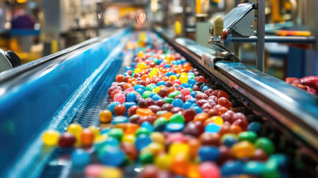 A vibrant display of colorful candies flows along a conveyor belt in a modern production facility, illustrating the candy manufacturing process in action.の素材