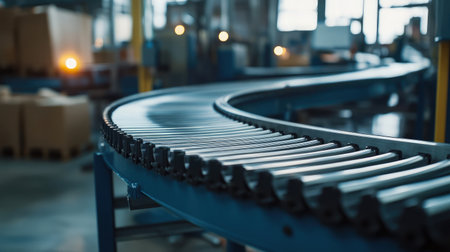 A close-up of a curved conveyor belt in a busy warehouse, highlighting its role in transporting goods efficiently within an industrial setting, enhanced by ambient lighting.の素材