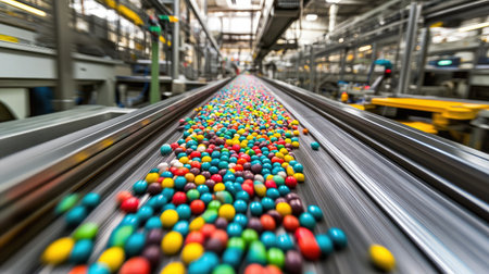 A vibrant scene of colorful candies moving along a conveyor belt in a modern factory, showcasing the dynamic process of industrial candy production.の素材