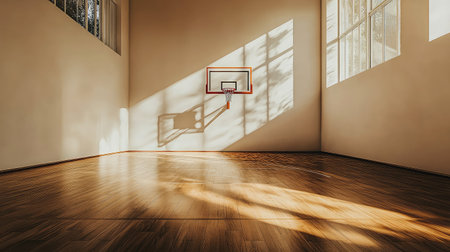 A serene indoor basketball court featuring warm wooden flooring and expansive windows that allow natural light to create a tranquil atmosphere ideal for training or relaxation.の素材