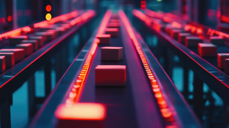 A vibrant conveyor belt system illuminated with striking lights, highlighting the automation and efficiency in contemporary warehouse operations and material handling processes.の素材