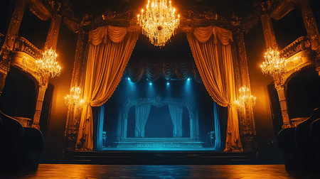 This stunning image showcases a grand theater stage adorned with elegant chandeliers and luxurious draperies, creating a captivating atmosphere perfect for performances and events.の素材