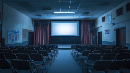 A tranquil theater room featuring an empty row of chairs facing a large projector screen, ideal for presentations and events in a cozy, intimate setting.の素材