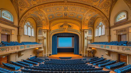 Explore the stunning interior of a grand vintage theater featuring ornate architecture, elegant design, warm lights, and comfortable seating, perfect for performances and cinematic experiences.の素材