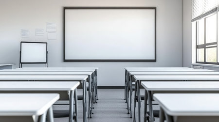 A bright and modern classroom setup showcasing neat rows of desks facing a blank whiteboard, illuminated by natural light from large windows, ideal for educational purposes.の素材