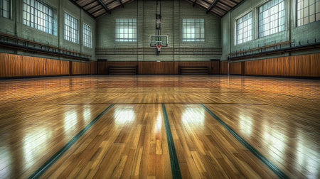 A bright, spacious indoor basketball court featuring polished wooden floors and large windows, ideal for various sports events and athletic training sessions.の素材